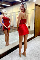 Misshow Red Corset Tight Short Corset Homecoming Dress/Mini Dress with Lace
